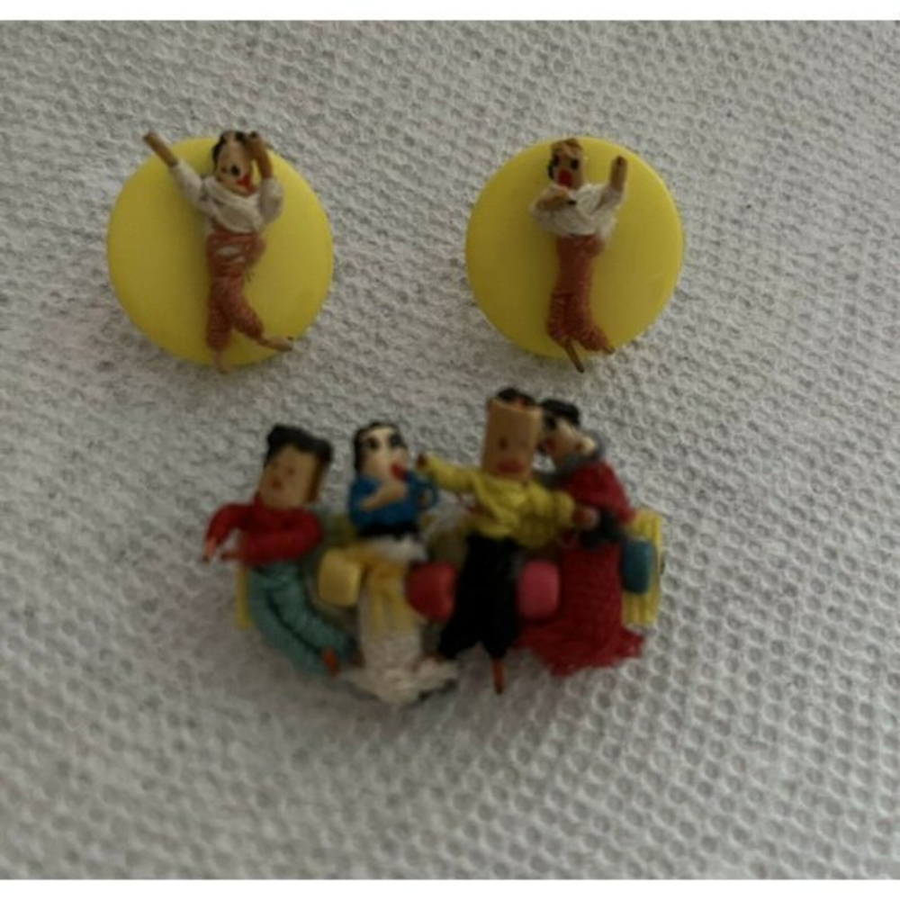 Vintage Worry Doll Brooch Earrings Set Folk Art Guatemalan Boho Jewelry